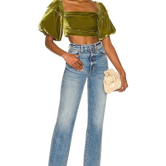 NEW $158 TULAROSA Olive Green Velvet Puff sleeve crop top Mirella Top SIZE XS - Picture 4 of 4
